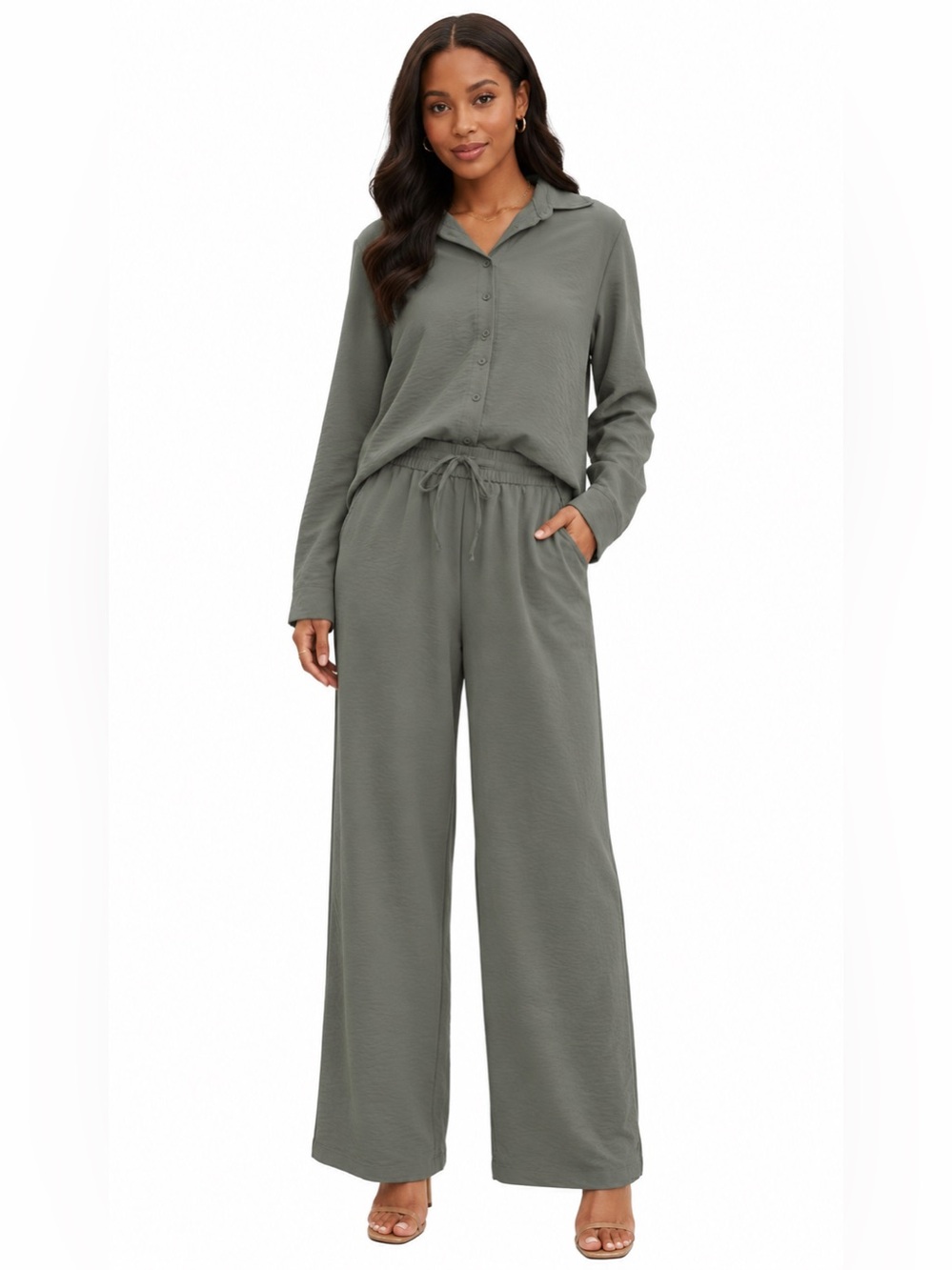 Relaxed Button-Up Top & Wide Leg Pant Set in Olive Green